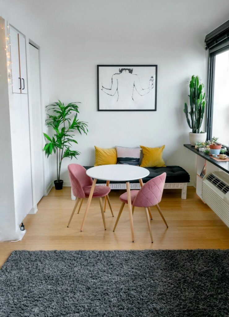 Contemporary room interior with furniture and carpet on floor